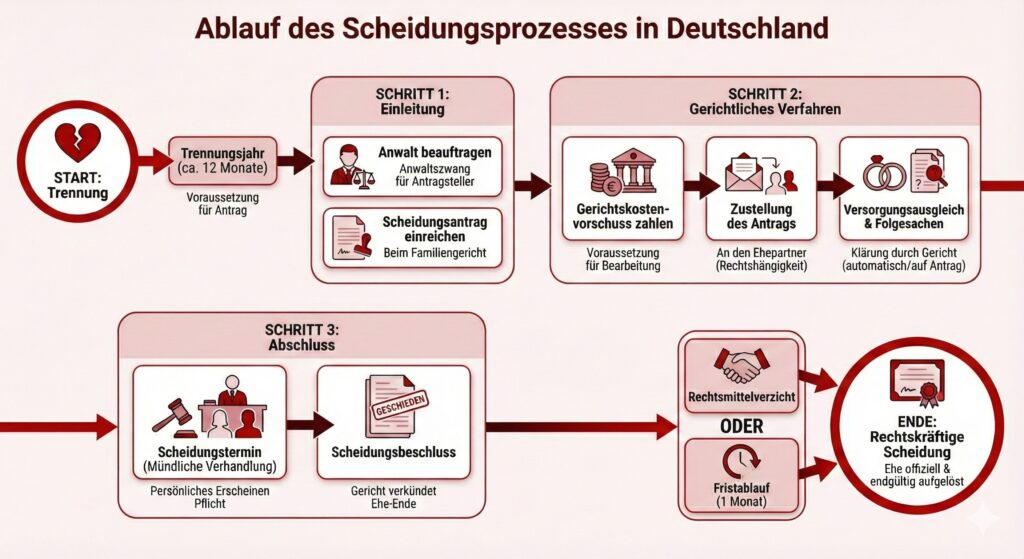 Der Prozess einer Scheidung fasst diese Infografik zusammen.